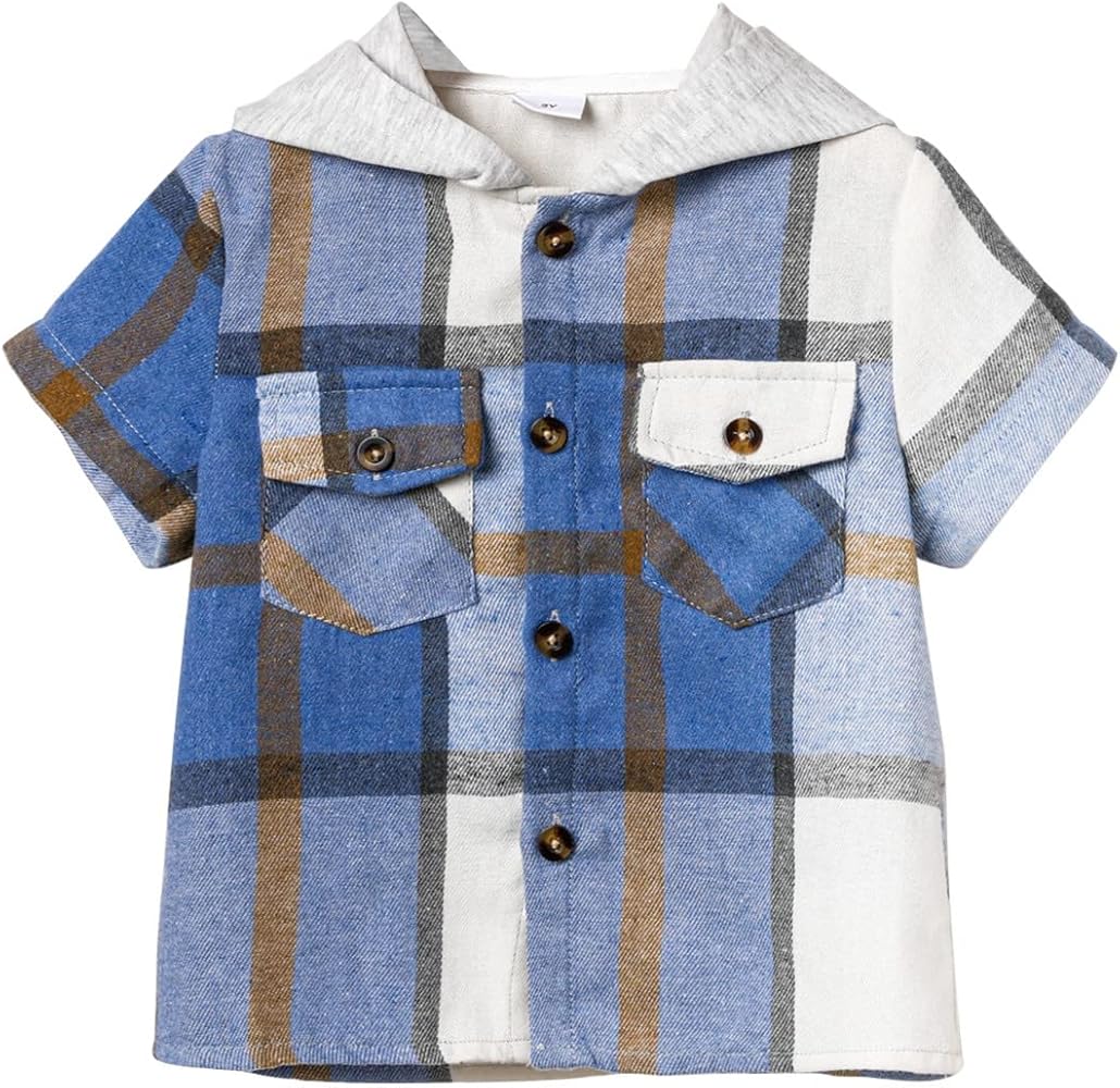 Toddler Baby Boy Girls Hoodie Tops Plaid Flannel Hooded Short Sleeve T-Shirt Tops Kid Summer Clothes 1/6 Years