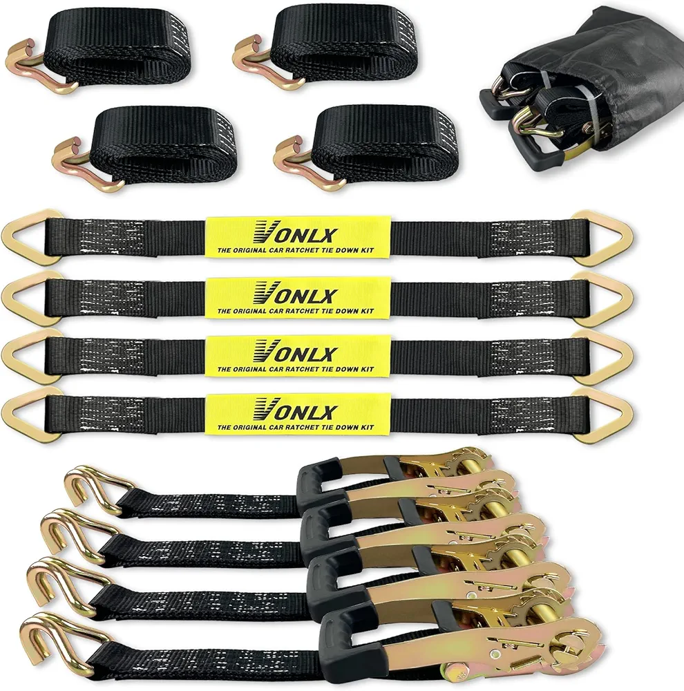 Heavy Duty Trailer Tie Down Straps 4 Pack Kit, 2" x 8" Ratchet Straps Tie Down with Double J Hook, 2" x 36'' Axle Straps for Car, Truck, UTV Transport,10,000lbs Break Strength