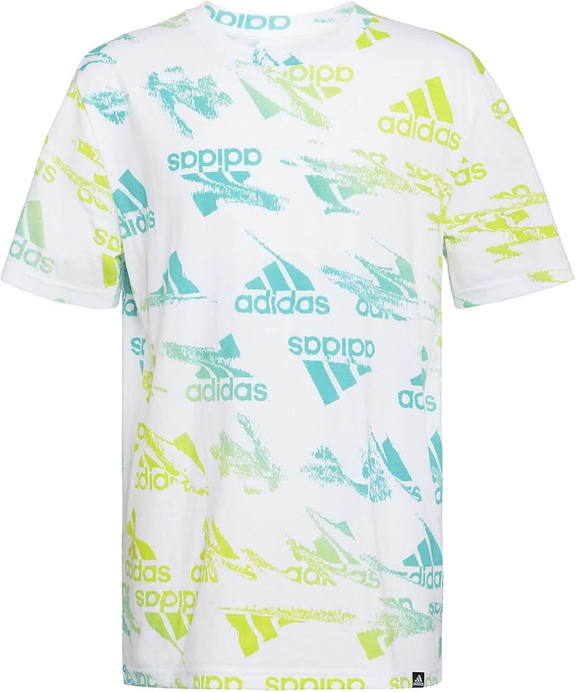 adidas Boys’ Glitchy Allover Print T-Shirt (Medium, White/Green)