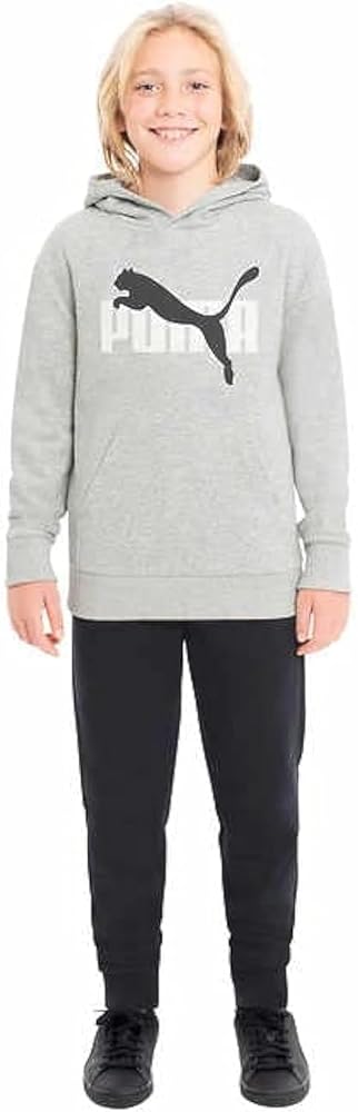 PUMA Boy's Youth French Terry Hoodie With Kangaroo Pocket (Large, Gray)