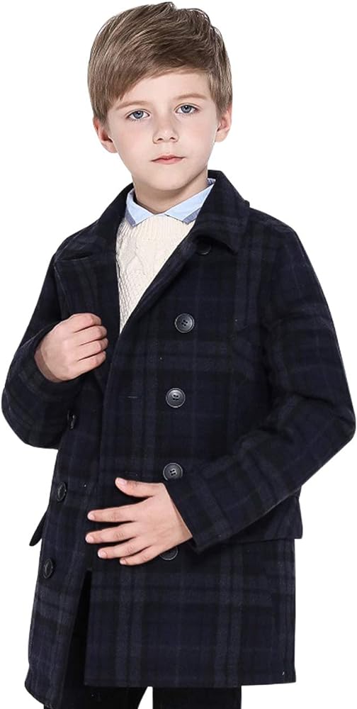 SOLOCOTE Boys Coat Elegant Notched Collar Double Breasted Wool Blend Over Pea Coat