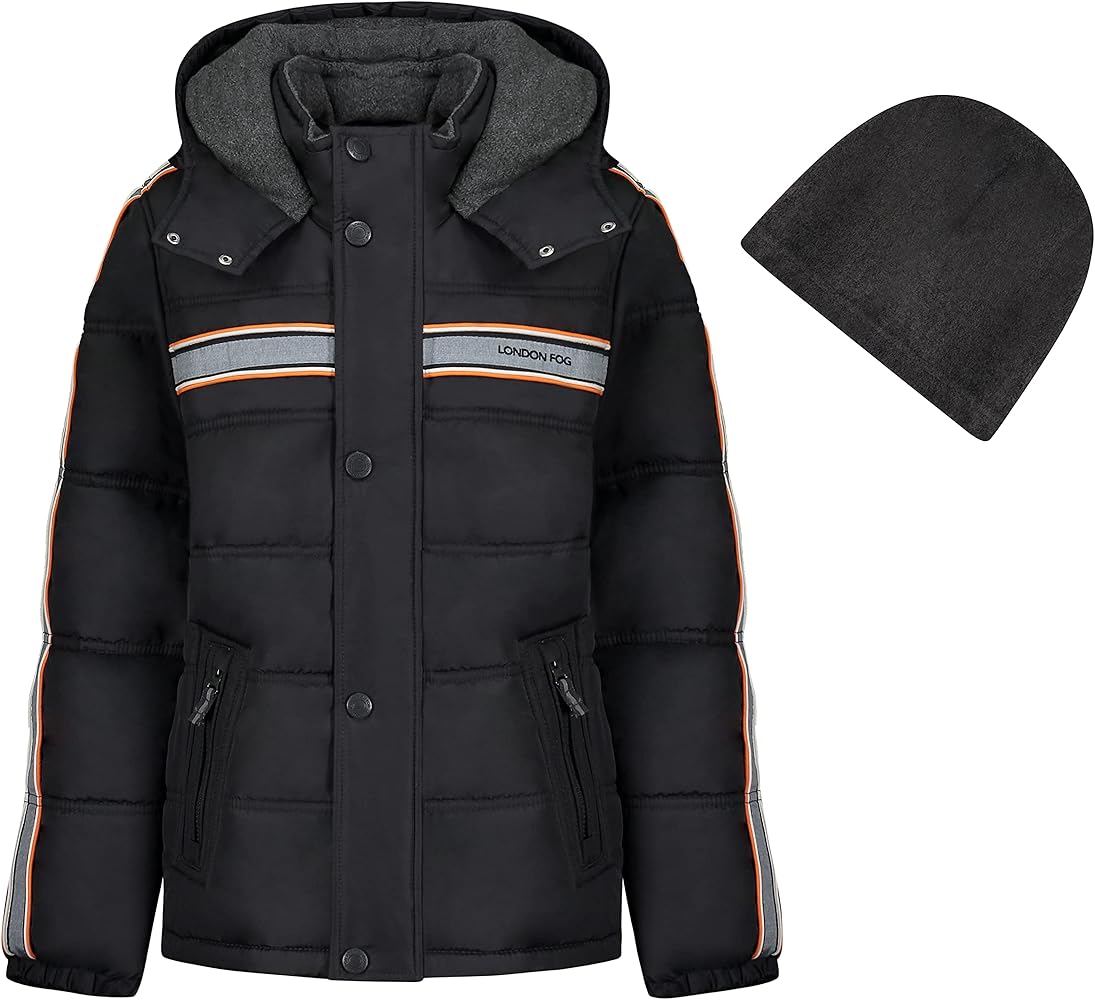 LONDON FOG Boys' Color Blocked Puffer Jacket Coat with Hat