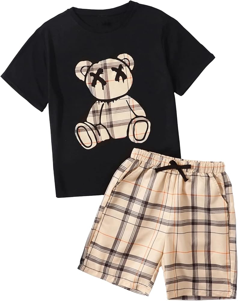 Kids Toddler Boy Clothes Outfits Bear Print Tee + Plaid Shorts 2 Pieces Summer Shorts Set