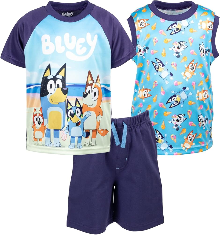 Bluey Bingo Dad Mom T-Shirt Tank Top and French Terry Shorts 3 Piece Outfit Set Toddler to Big Kid