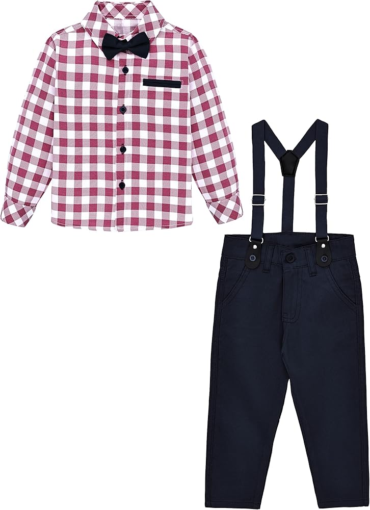 Lilax Boys Wedding Outfit, Toddler & Young Boys' Fashion Pant Set, Plaid Dress Shirt, Pants, Bowtie and Suspenders