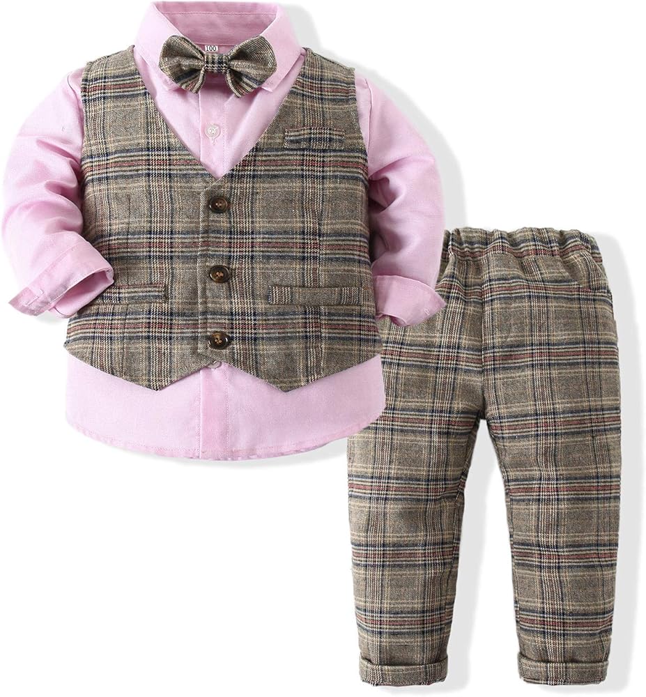 Boys 3Pcs Clothing Sets Cotton Long Sleeve Bowtie Shirts +Vest +Pants Casual Suit