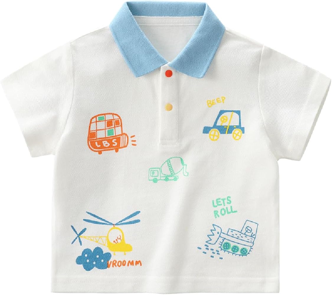 Toddler Boys Button Down Short Sleeve Polo T-Shirt Kids Cute Cartoon Print Tops for Summer