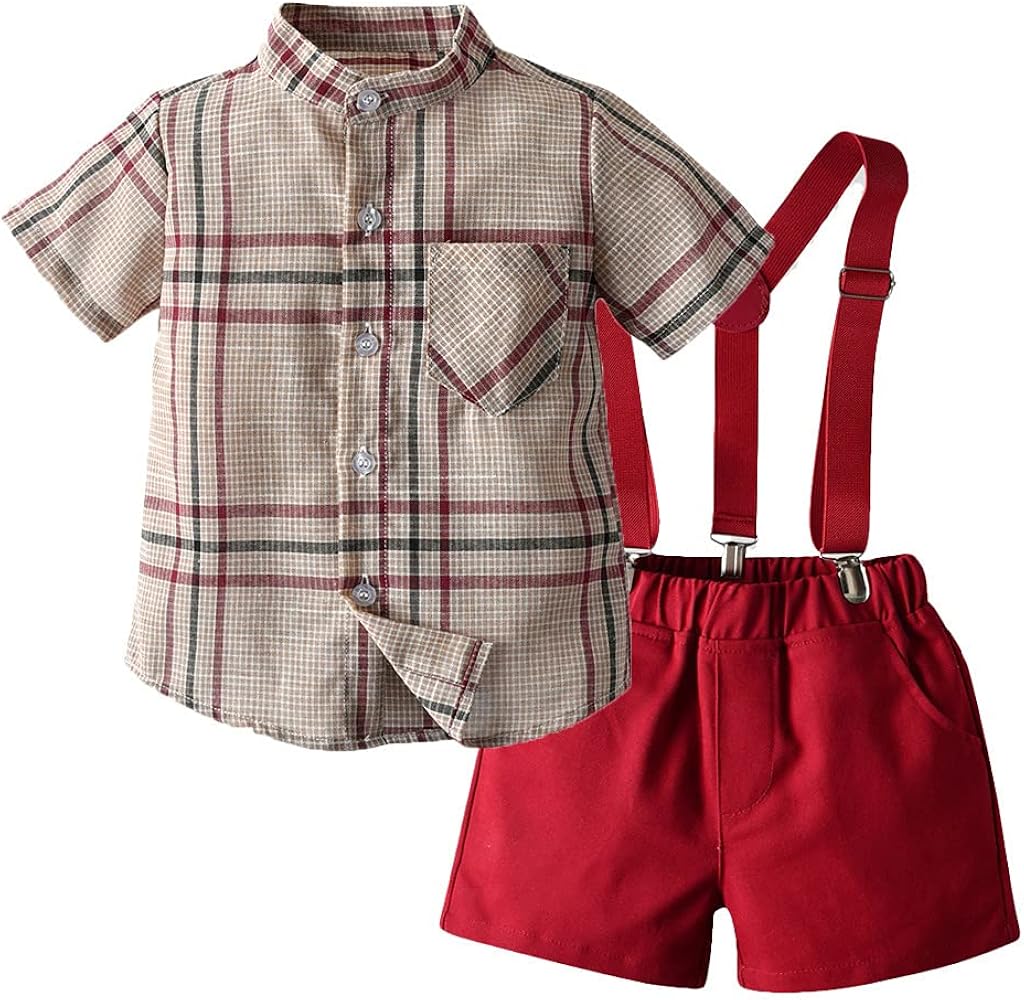 Quenny Children's Clothing,Summer New Children's Korean Style Short-Sleeved Plaid T-Shirts and Strap Shorts Two Pieces.