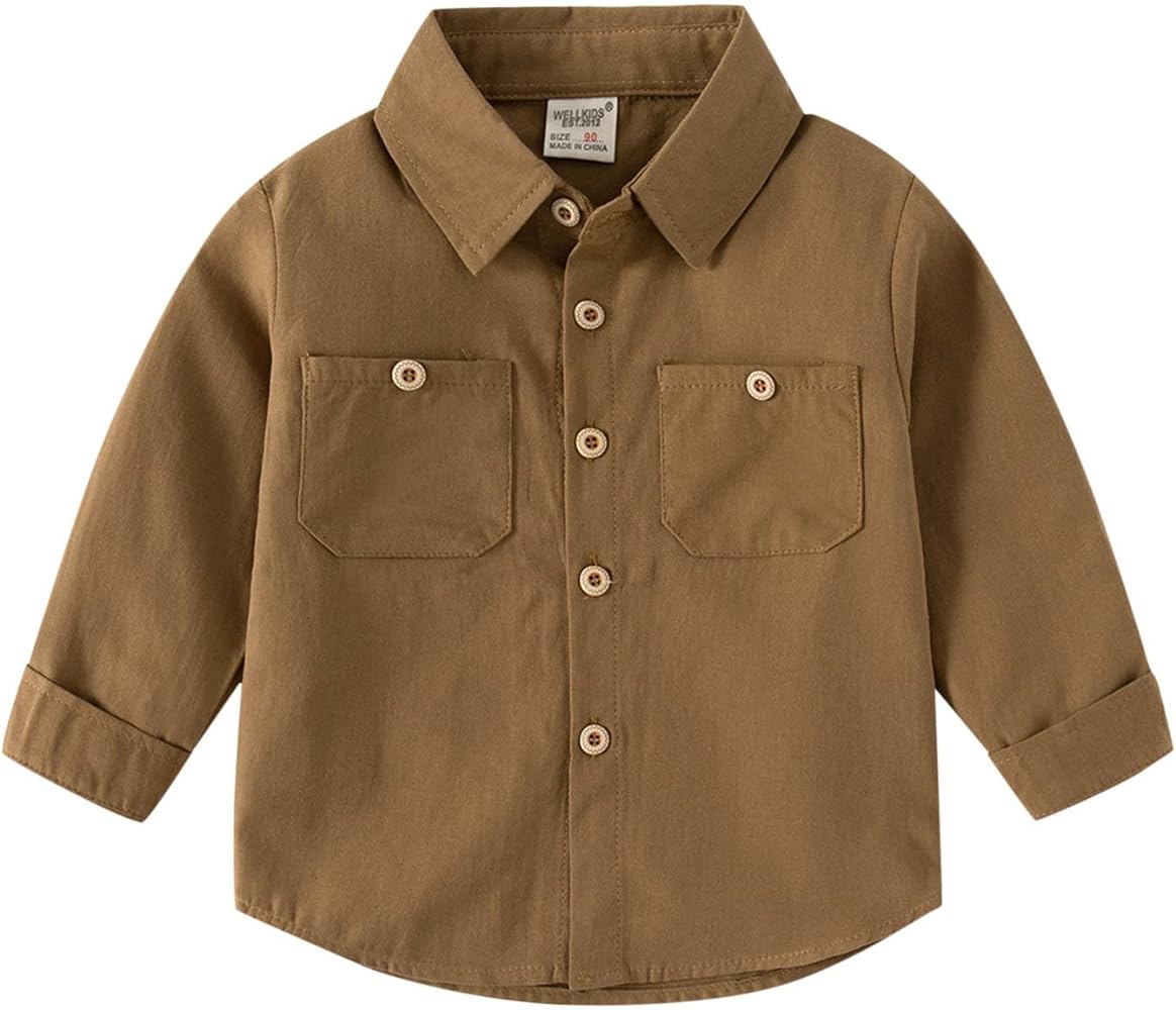 Toddler Boy's Long Sleeve Button Down Dress Shirts Collar Cropped Solid Cotton Casual Shirt with Pocket