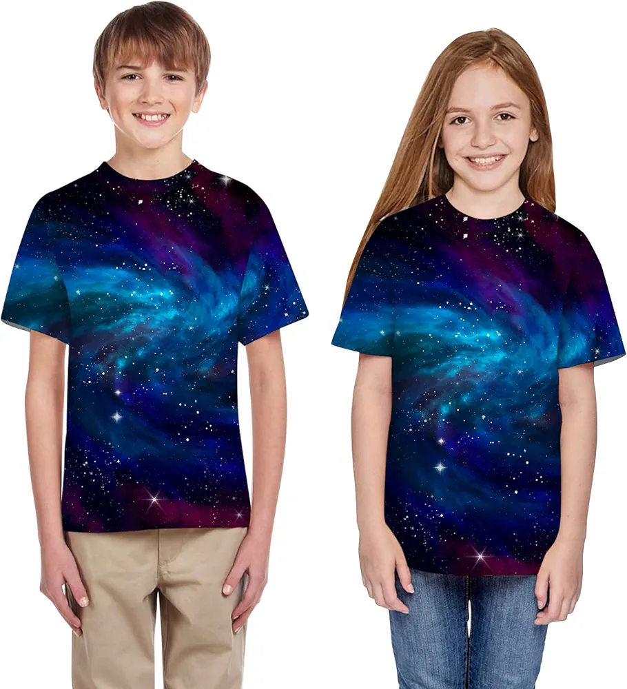 Tops for Girls Boys Summer Tee Short Sleeve T-Shirt Old Teen 3D Print Galaxy Casual Clothes 5-14 Years (Blue-08#, 9-10 Years)