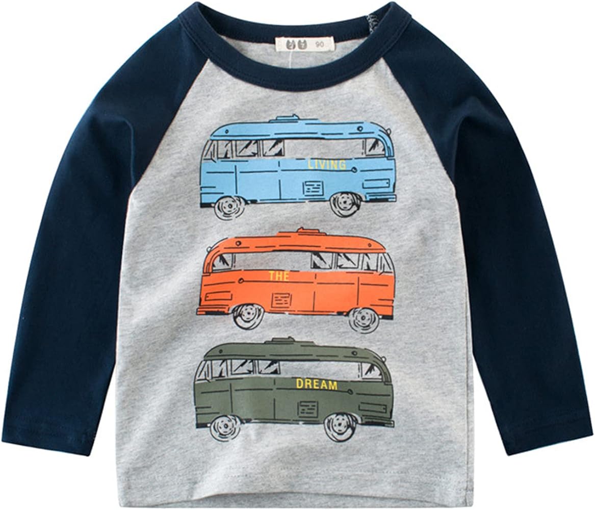 Toddler Boys Long Sleeve T-Shirt Solid Crewneck Cute Cartoon Bus Print Undershirt Graphic Casual Tee Top