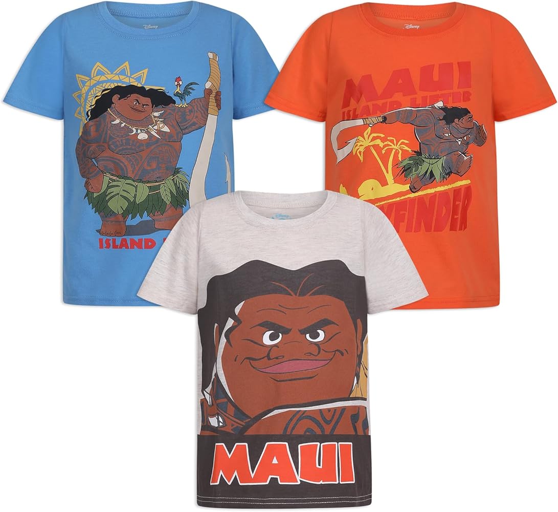 Disney Moana Maui Boys 3 Pack Short Sleeve Shirts for Toddlers – Orange/Grey/Blue