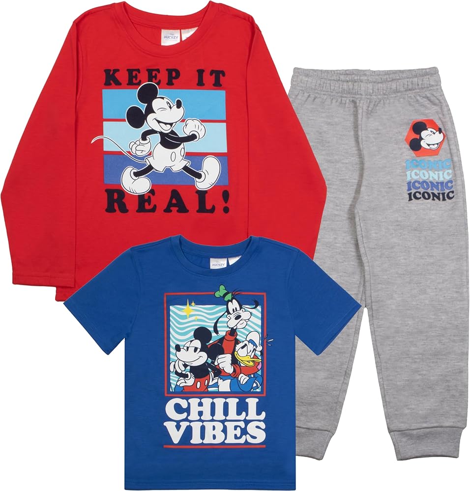 Disney Mickey Mouse Boys 3-Piece Set - Short Sleeve T-Shirt, Long Sleeve T-Shirt, and Sweatpants 3-Pack Bundle Set