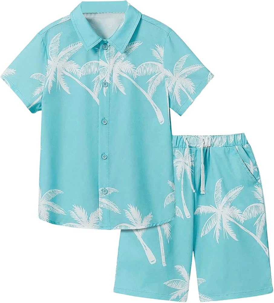 Boy's 2 Piece Tropical Pattern Short Sleeve Collar Neck Button Front Blouse Shirt Top and Shorts Sets