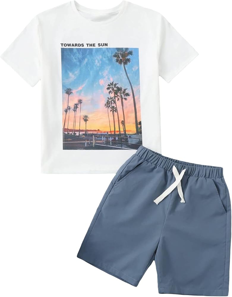 Milumia Boy's Two Piece Outfits Tropical Print Short Sleeve Tee and Shorts Clothing Sets