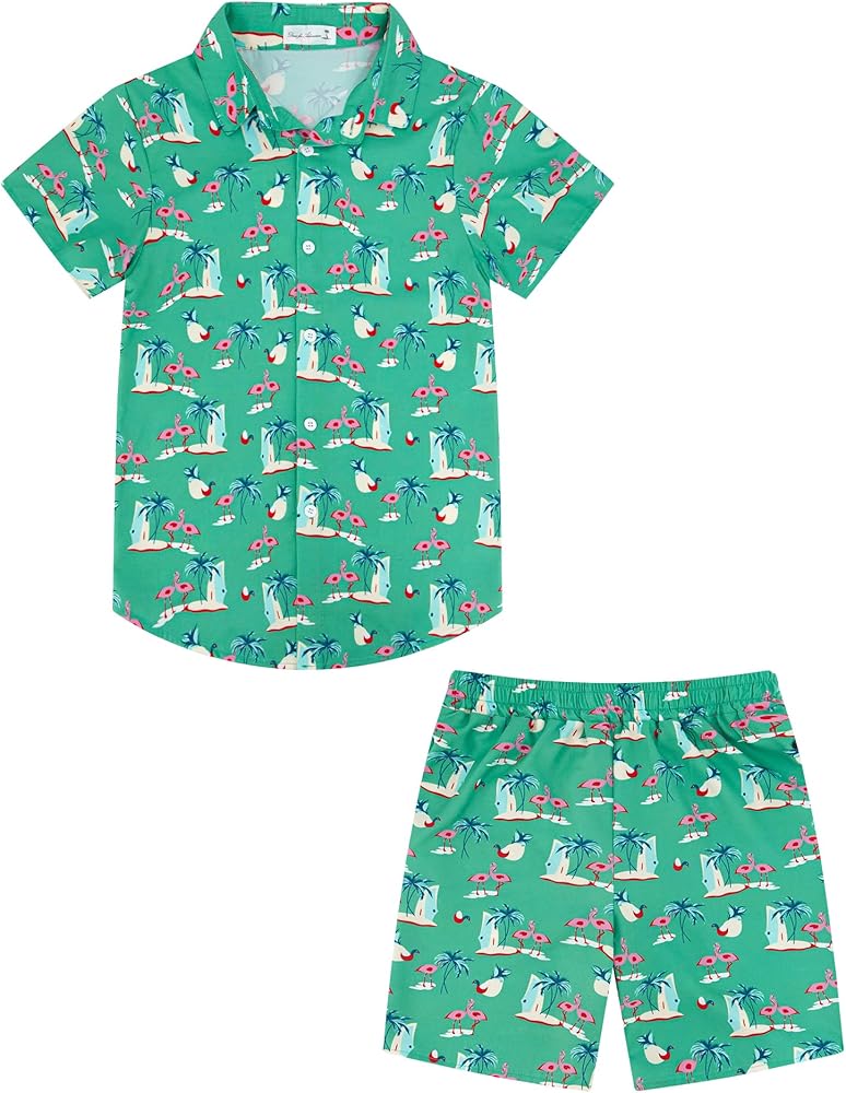 Hawaiian Boy's Button Down Shirt Set Short Sleeve Shirts and Shorts Set for Boys&Kids 7-14 Years