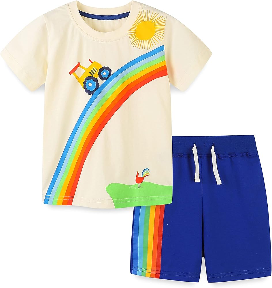 HILEELANG Toddler Boy Short Sets Easter Summer Cotton Casual White Rainbow Tee Blue Adjust Shorts Outfits Clothing 2T