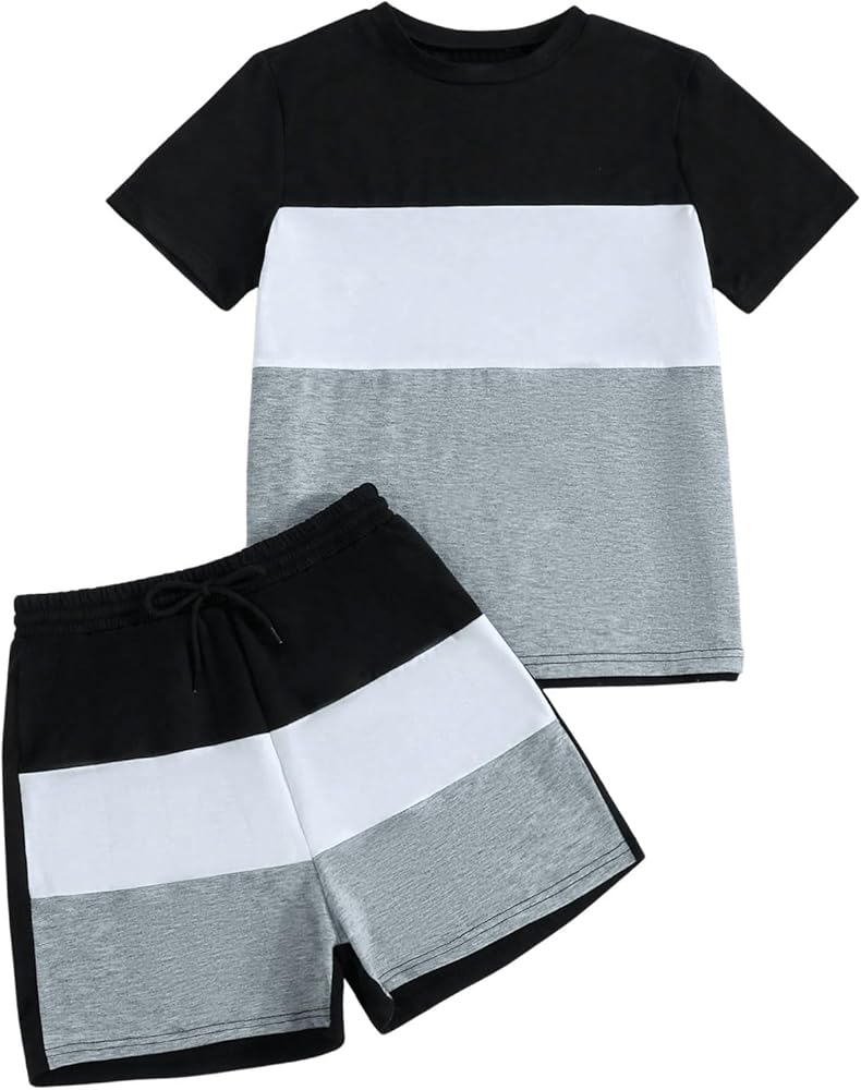 SOLY HUX Boy's Casual 2 Piece Outfits Color Block Short Sleeve T Shirt Tops and Shorts Set