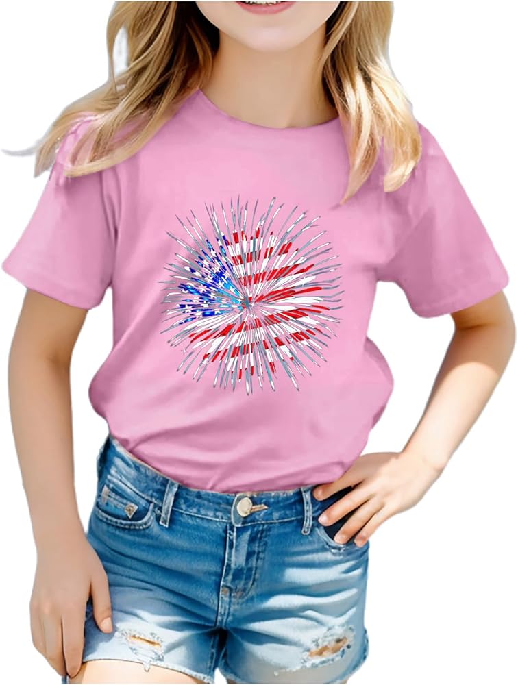 Kids 4th of July T-Shirt for 1-8 Years American Flag T-Shirts Fashion Short Sleeve Crew Neck Independence Day Tops Tees 3-10 Years,4Th of July Shirt Kids,4Th July Shirts for Boys, Pink