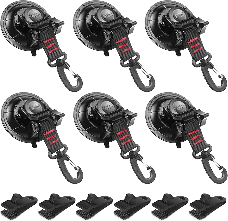 Vashly Heavy Duty Suction Cup 6 Pcs Strong Suction Cups with Hooks and 6 Pcs Tarp Clips Deavy Duty Lock Grip for Car Awning Boat Camping