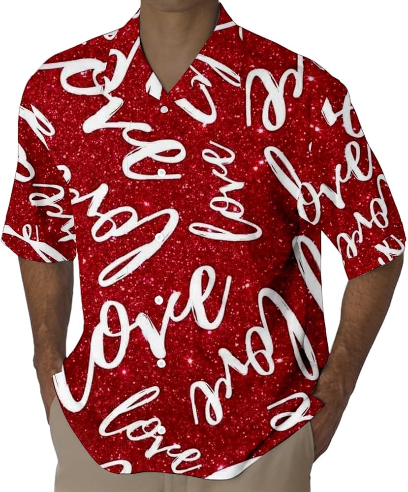 Valentines Day Shirt Mens Short Sleeve Love Printed Graphic Blouse Loose Button Down Tee Tops Hawaiian Shirts for Boys