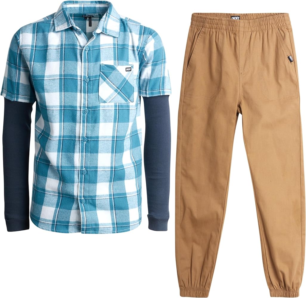 DKNY Boys’ Jogger Pants Set - 2 Piece Layered Plaid Flannel Button Down Shirt and Khaki Jogger Pants (4-12)