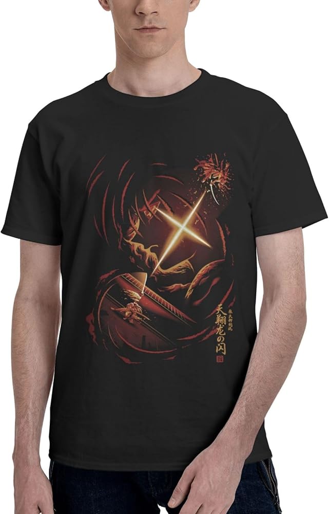 Anime T Shirts Rurouni Kenshin Men's Summer Cotton Tee Crew Neck Short Sleeve Tees Black