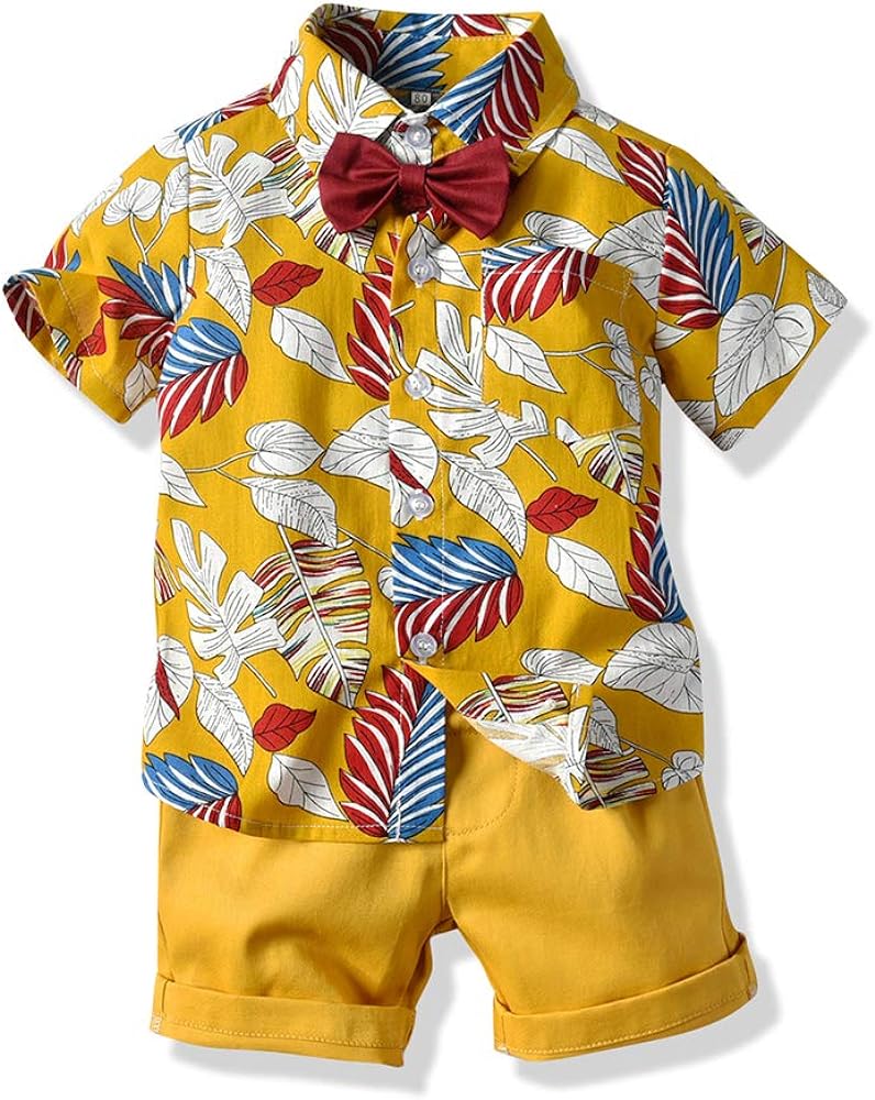 Summer Fashion Little Boys Gentleman Casual Outfit Sets Short Sleeve Printed Shirt+Shorts 2Pcs