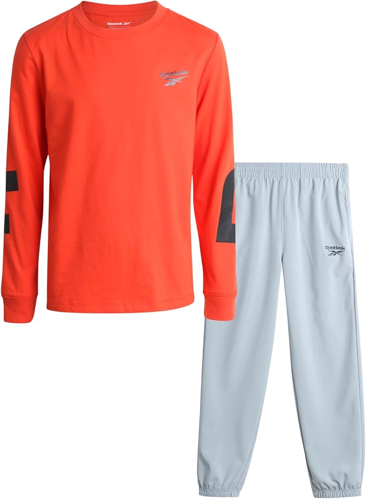 Reebok Boys' Pants Set - 2 Piece Long Sleeve T-Shirt and Woven Hybrid Tech Jogger Pants - Spring Outfit Set for Boys (8-12)