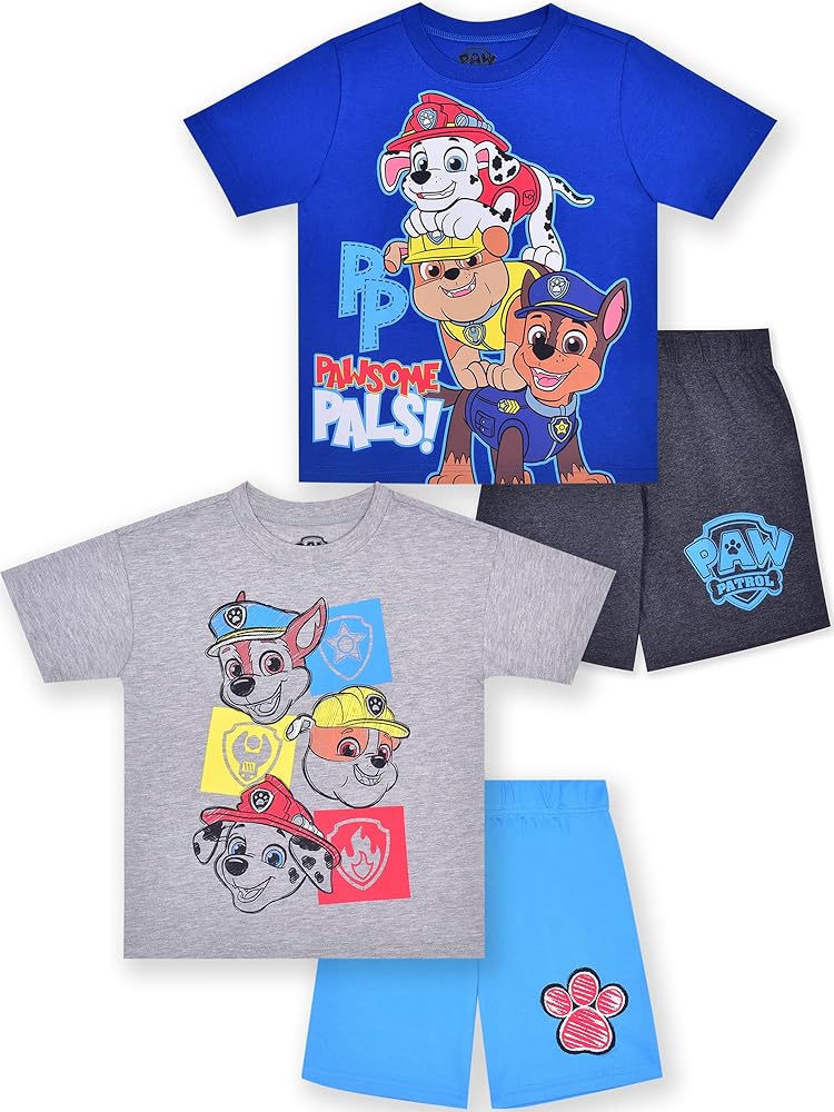 Paw Patrol Nickelodeon Boys Mix and Match Short Sleeve T-Shirt and Shorts 4 Piece Set for Toddlers and Big Kids