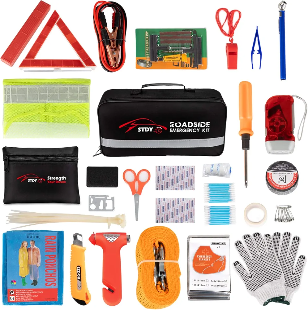 Car Roadside Emergency Kit, Vehicle Truck Safety Road Side Assistance Kits Auto Accessory, with Jumper Cables, First Aid Kit, Tow Rope, Reflective Triangle, Tire Pressure Gauge, etc