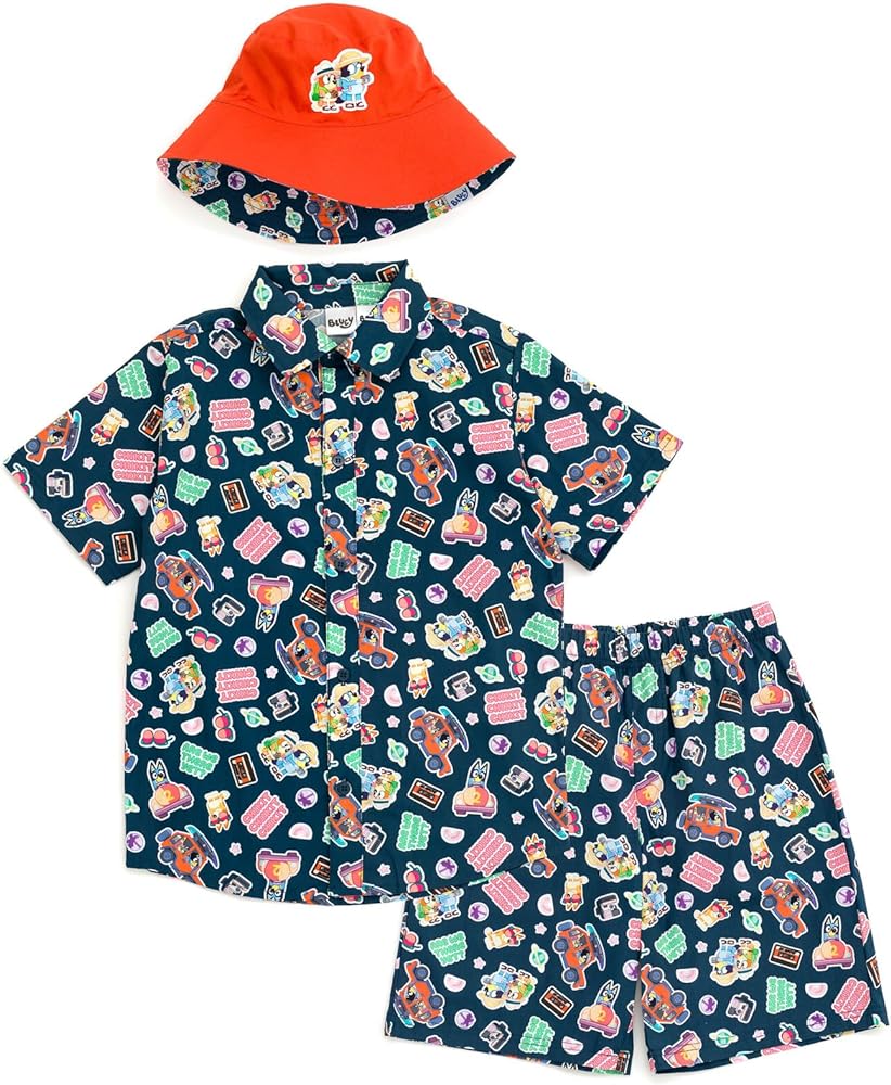 Bluey Button Down Shirt Shorts and Bucket Sun Hat 3 Piece Outfit Set Toddler to Big Kid