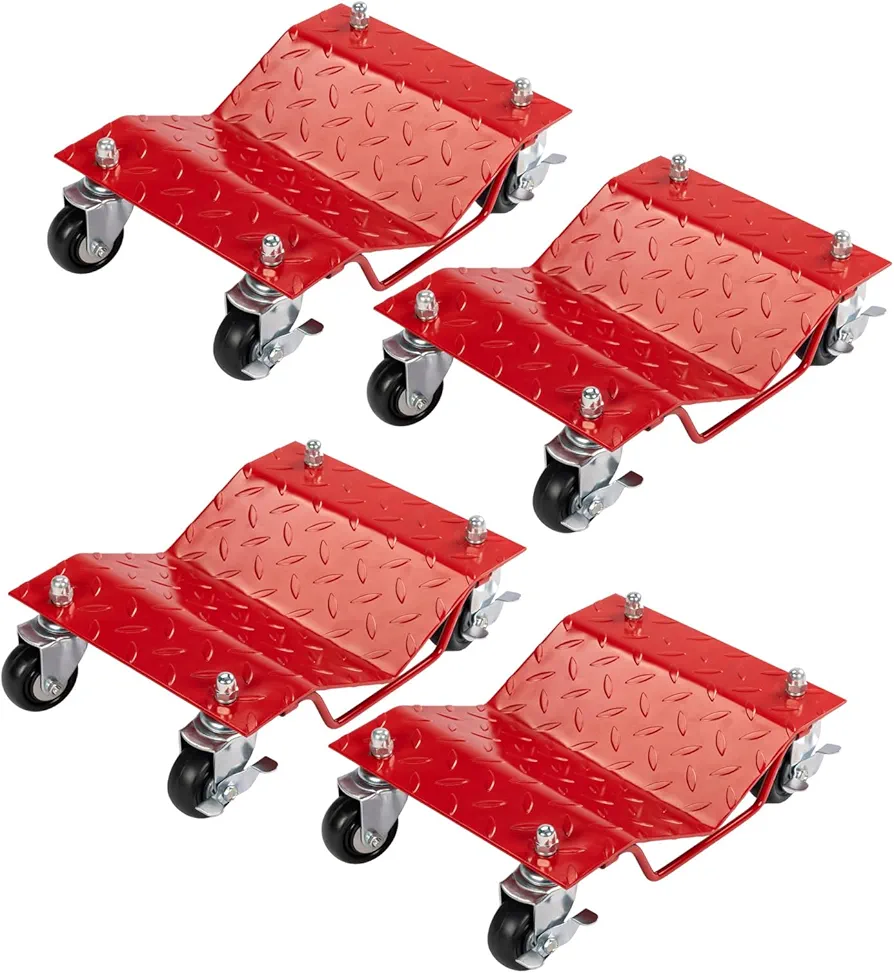 TUFFIOM Car Dolly Set of 4, 6000LBS Capacity Wheel Dolly, Heavy Duty Vehicle Dolly Upgraded, Steel Tire Skates with Brakes, Red