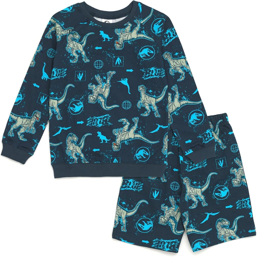 Jurassic World Jurassic Park Blue French Terry Sweatshirt and Bike Shorts Little Kid to Big Kid