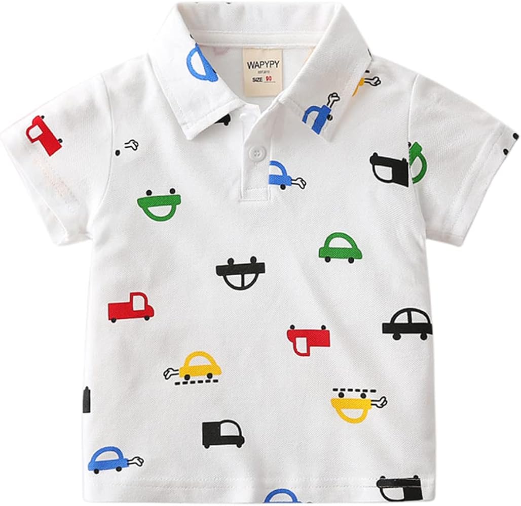 Toddler Baby Boys Short Sleeve Polo T-Shirt Cute Cartoon Car Print Solid Tops Button Baby Boy Clothes Outfit