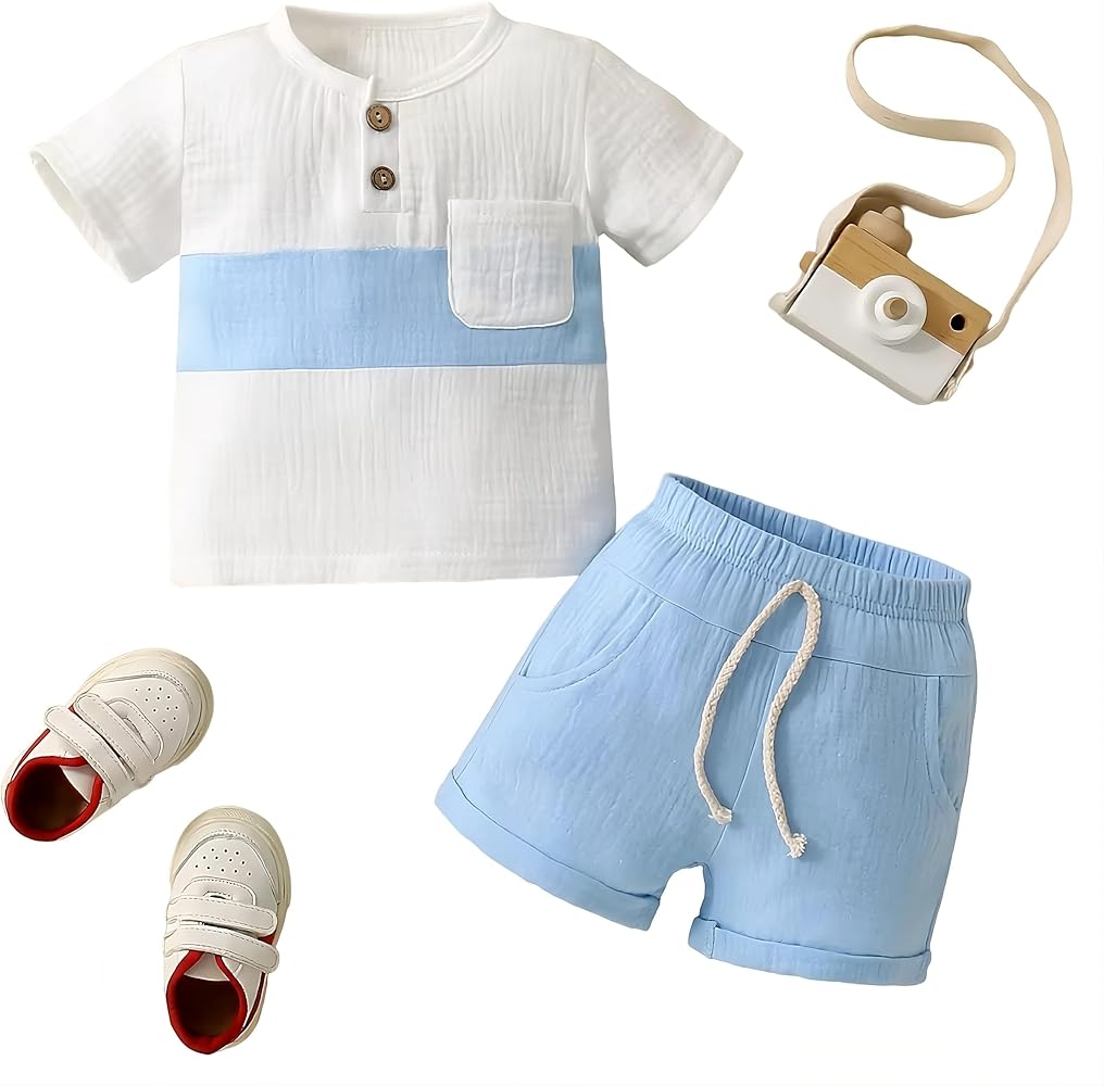 Cotton/Polyester Linen Clothes Set (2 Pcs) for Baby Boy Kids Children Toddler Infant, Short Sleeve T-Shirt Top with Shorts Set, Summer Spring Fall Outfits 2024