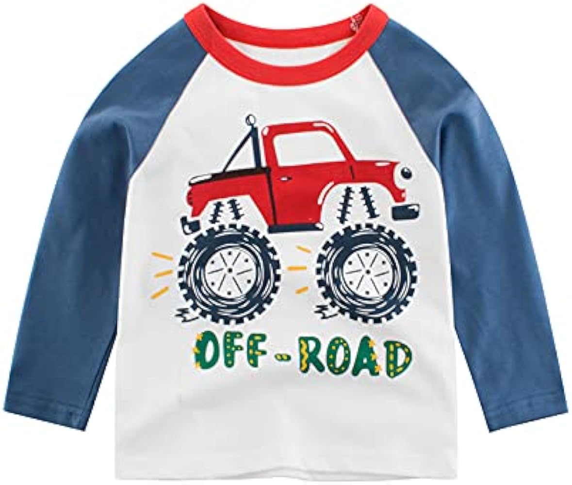 Meufam Toddler Boys Graphic Print Long Sleeve T-Shirts Kids Little Kids Boys Truck Stripes Tees Tops Autumn Spring