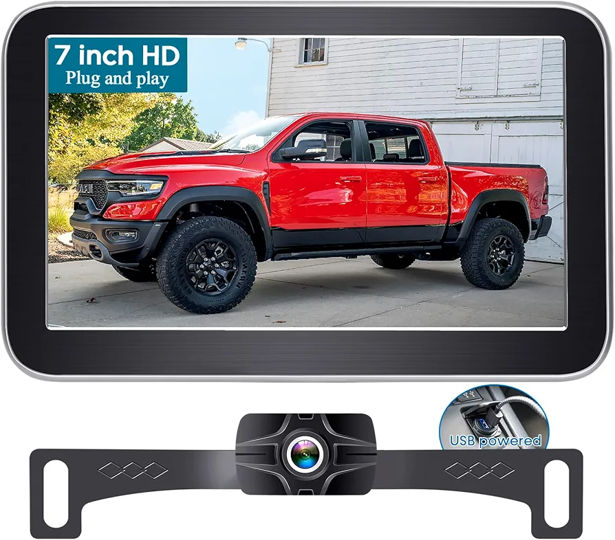 Backup Camera 7-Inch Monitor Truck: 2K USB Plug-Play Easy Set up No Glare-Led Lights Car Rear View Camera Clear Night Vision Reverse Camera DIY Parking Line - AMTIFO A23