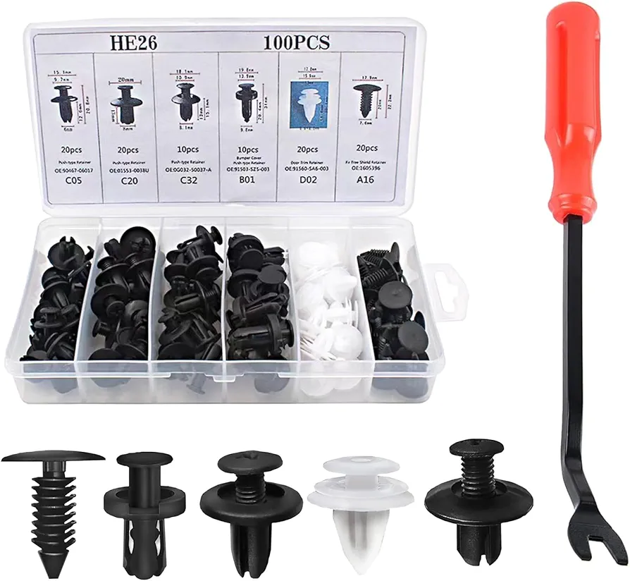 100 PCS Car Door Panel Buckle Combination Set, Bumper Push Fastener Rivet Clip Expansion Screw, Multi-Functional Replacement Fixing Accessories, Suitable for Most Car Models (Black & White)