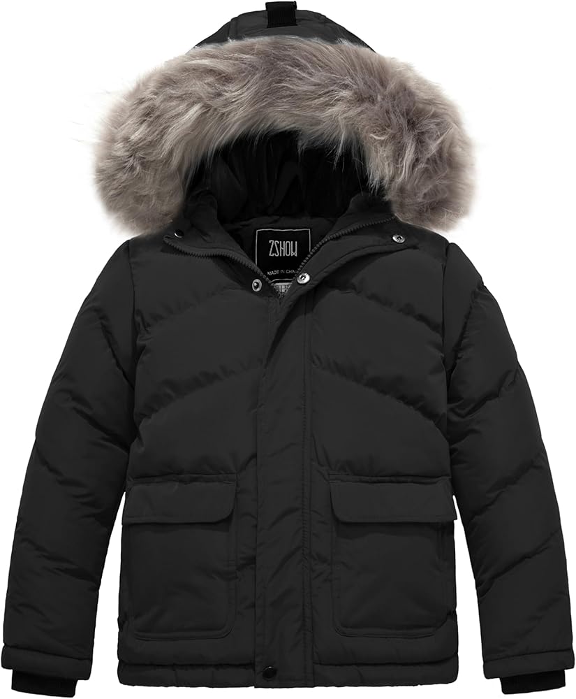 ZSHOW Boys' Winter Coat Warm Thick Padded Puffer Jacket with Removable Faux Fur