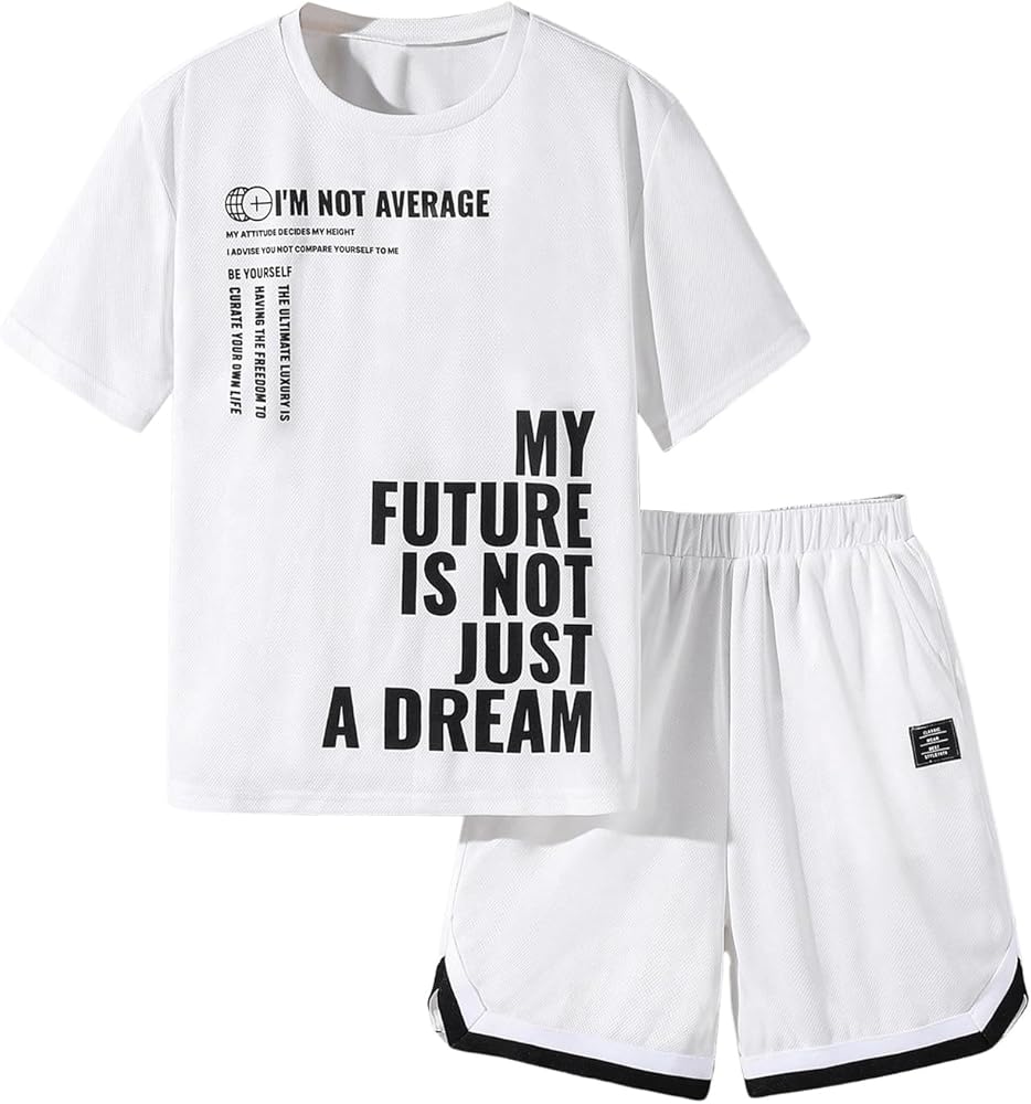 Verdusa Boy's 2 Piece Outfit Letter Print Short Sleeve Tee Top and Elastic Waist Short Sets