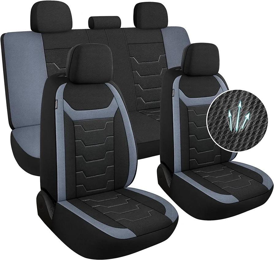 3D Air-Mesh Car Seat Covers Full Set, Breathable and Split Bench Compatible Seat Covers for Cars, Universal Car Interior Covers for Most Cars Sedan Truck SUV(Black/Gray)