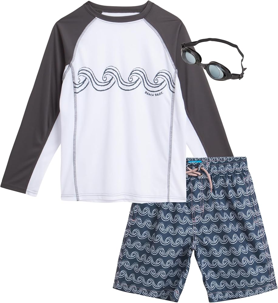 Boys' Rash Guard Set - 3 Piece UPF 50+ Rash Guard Swim Shirt, Bathing Suit, Goggles - Swimwear for Boys (5-14)