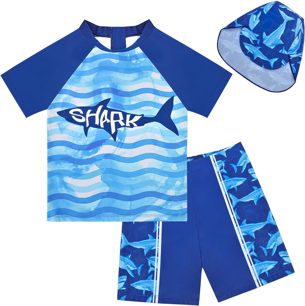 Boys Two Piece Rash Guard Swimsuits Kids Short Sleeve Swimwear Sets Bathing Suit with Sun Hat for 2-6 Years