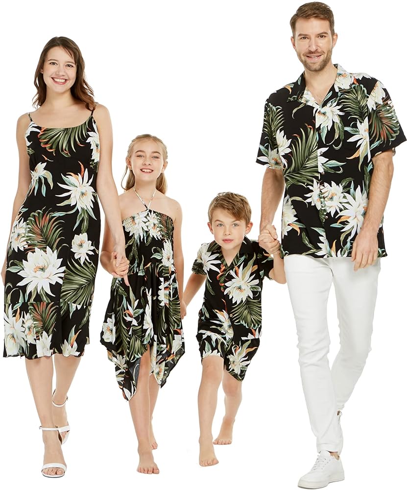 Matchable Family Hawaiian Luau Men Women Girl Boy Clothes in Wispy Cereus Black