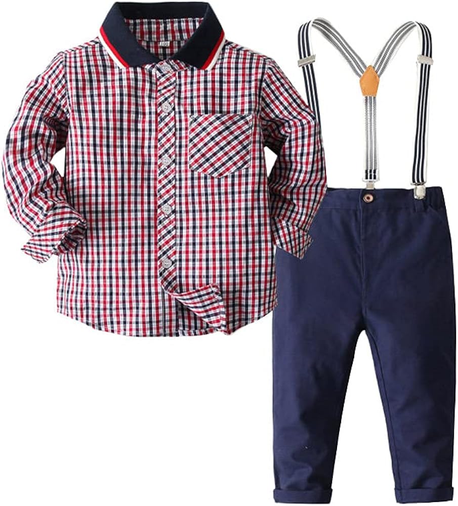 Little Boys Gentleman Long Sleeve Plaid Shirt Suspenders Pant Set Two-Piece Set