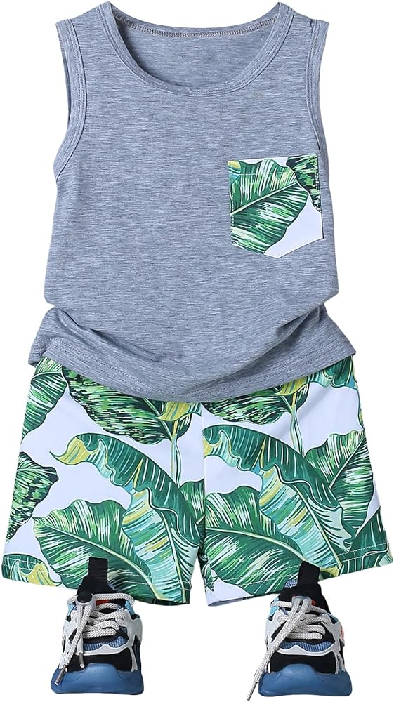 Floerns Toddler Boys 2 Piece Outfit Boho Tropical Print Tank Top and Track Shorts Set