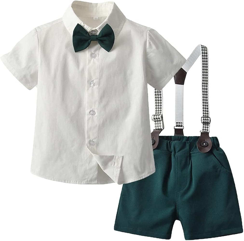 Quenny Children's Clothing,Korean Style Summer Children's Short-Sleeved Cotton White Shirt with Bow and bib Two Pieces Suits.