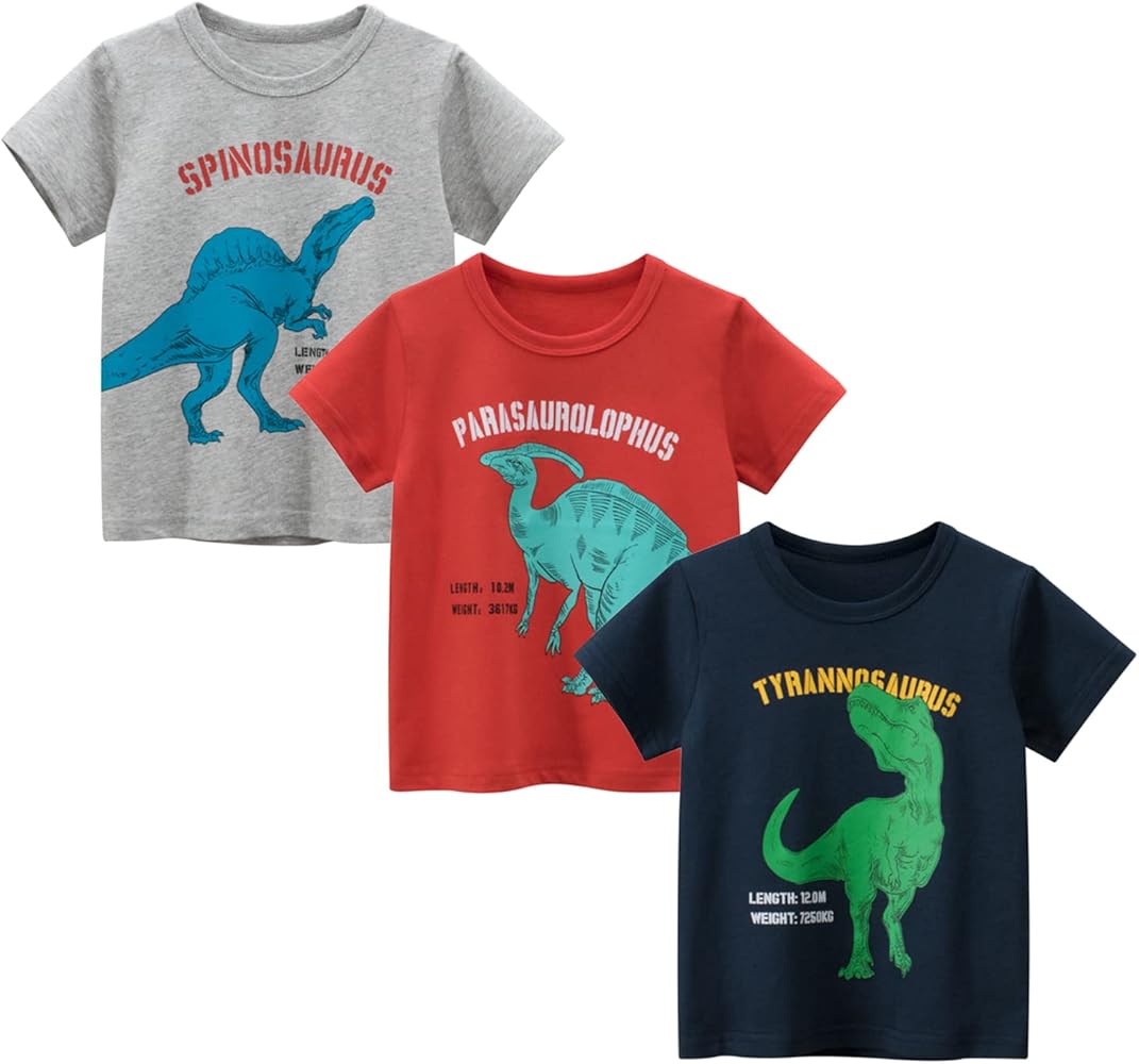 3 Pack Toddler Boys Summer Short Sleeve Graphic T-Shirts Cute Cartoon Print Casual Tee Tops