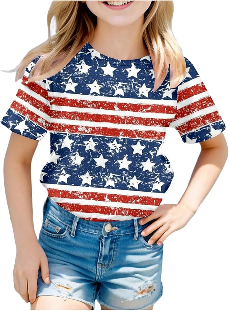 Kids Boys Girls 4th of July Shirts Short Sleeve American Flag Graphic T-Shirts Casual Independence Day Tee Top